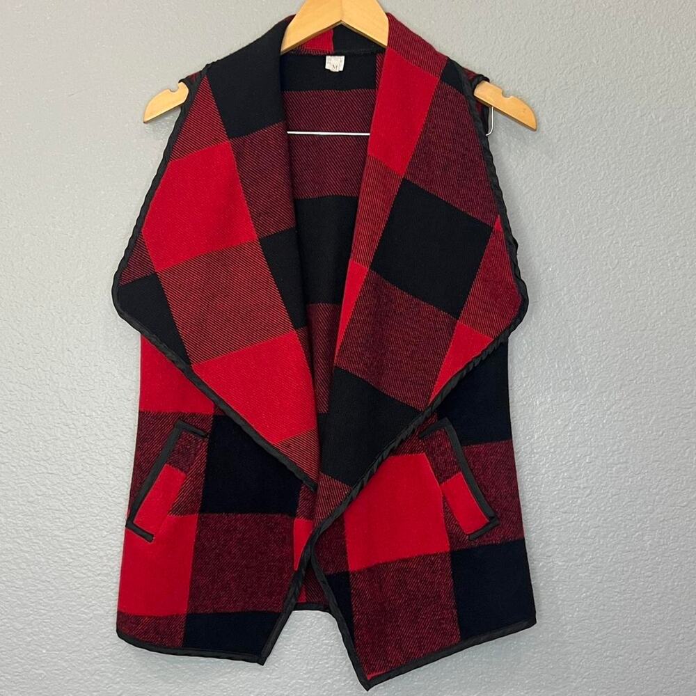 Cozy red black plaid vest